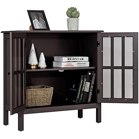 Giantex Armario Multifuncional de Madera con 2 Cajones y Puertas de Cristal Cover
