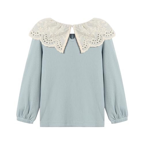 Image of LittleSpring Girls Ribbed Knit Long Sleeve Tshirt with Lace Ruffle Collar