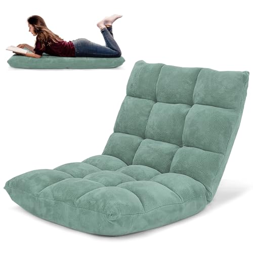 COSTWAY Adjustable Floor Chair, Gaming Chair Lounge w/ 14-Position Recliner, Alloy Steel Frame, Soft Coral Fleece, Cushioned Lazy Sofa Chair for Reading, Meditating (Green)