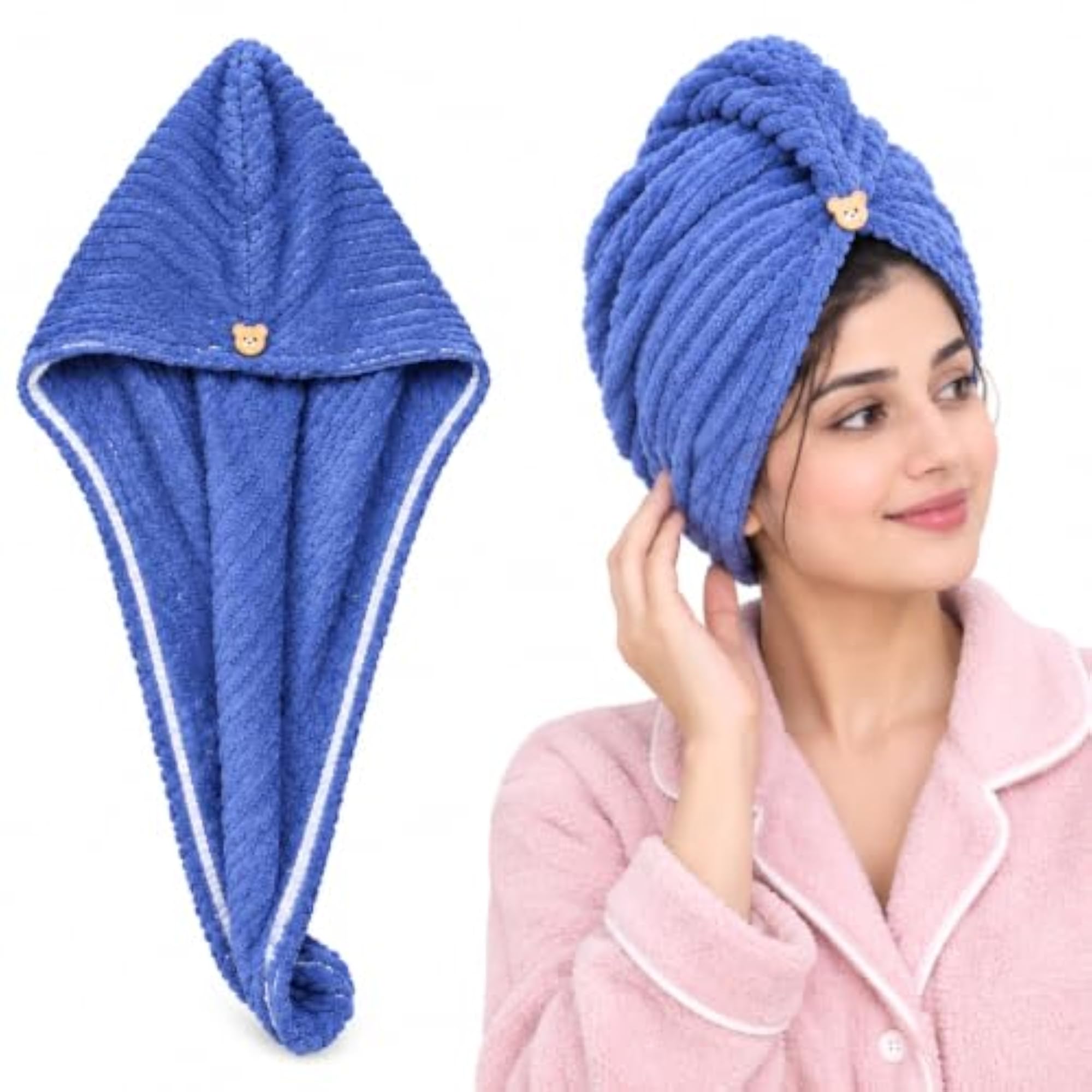 Microfibre Hair Wrap Towel with Button, Blue