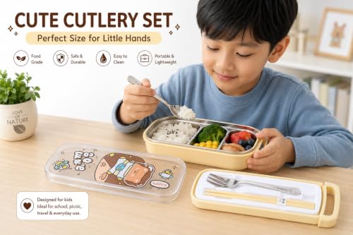 Image of Kids Cutlery Set with Box | Stainless Steel Spoon /Fork /Chopsticks | BPA-Free Food Grade Portable Lunch Utensils for School, Travel, Picnic & Camping