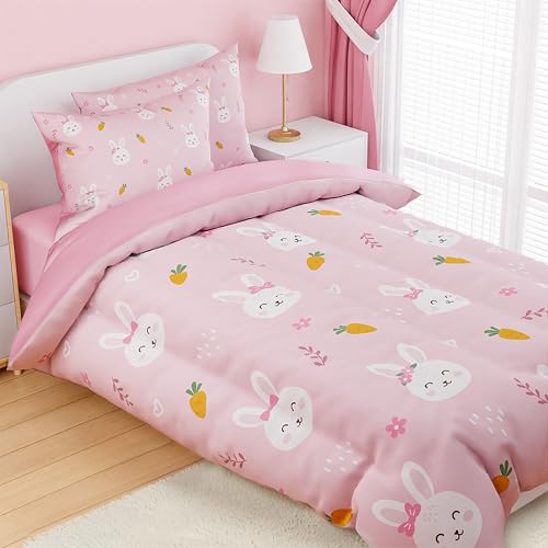 Image of SANDJEST Rabbit Comforter Set Twin Size 68x86in for Kids Girls, Microfiber 3 Pcs Bedding Set Includes 1 Comforter, 1 Pillowcase, 1 Fitted Sheet, Nursery Room Decor
