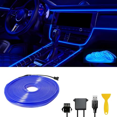 El Wire Car LED Interior Strip Light 5V USB Dashboard Lights LED Trim Lights for Car Atmosphere Light Ambient Lighting Kit (5M/16.5FT, Blue)