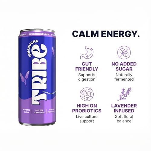 Image of Tribe Kombucha Probiotic Super Drink | Supports Gut Health | Gluten-Free | Naturally Fermented | Super Refreshing | Gut Friendly | Improves Blood Sugar | Antioxidant and Hydration | No Added Sugar | 250 ML X 6 (OG CLASSIC + BUSSIN LAVENDER)