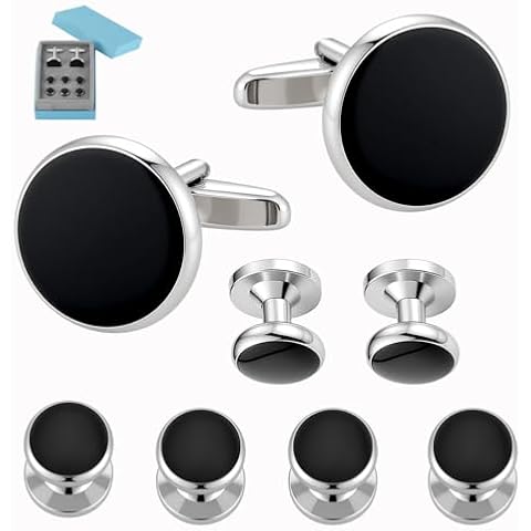 GWD Mens Cufflinks Stainless Steel Tuxedo Shirt Studs Set with Gift Box Silver Black Gold Cuff link Jewelry Gift Wedding Business (Black) Cover