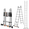 DEZEX Telescoping Ladders 16.5FT A Frame Stainless Steel Extension Ladder,Heavy Duty Lasts for 375LBS,with Balance Bar and Movable Wheel,Multi-Purpose Collapsible Ladder for Outdoor Indoor