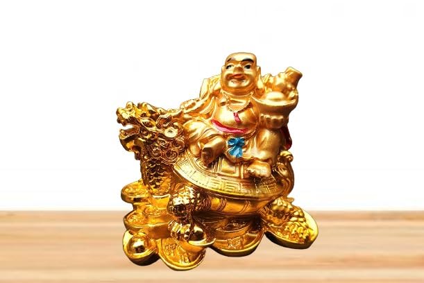 Jnkb Fengshui Laughing Buddha Sitting On Back of Dragon Headed Tortoise with Ingot in Hand for Good Luck and Success Home Showpiece Decor(Golden)
