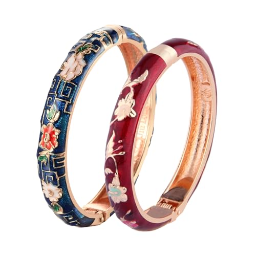 UJOY Cloisonne Bracelet Openable Hinge Gold Cuff Enamel Flower Blue Bangle Jewelry Gift for Women 55A86