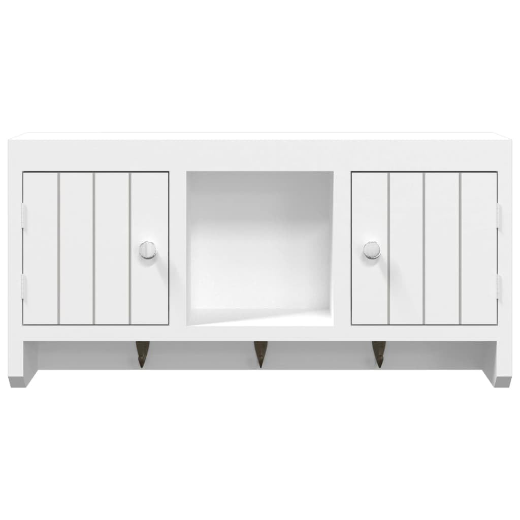 Schlüsselschrank Weiß 40x8,5x20 cm Wand-Schlüsselkasten aus Holzwerkstoff & Stahl mit 3 Haken und 2 Türen Moderner Organizer für Schlüssel Sonnenbrillen und Schmuck