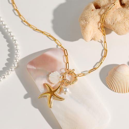 Gold Plated Summer Beach Necklace for Women Metal Starfish Seashell Necklace Vacation Jewelry3