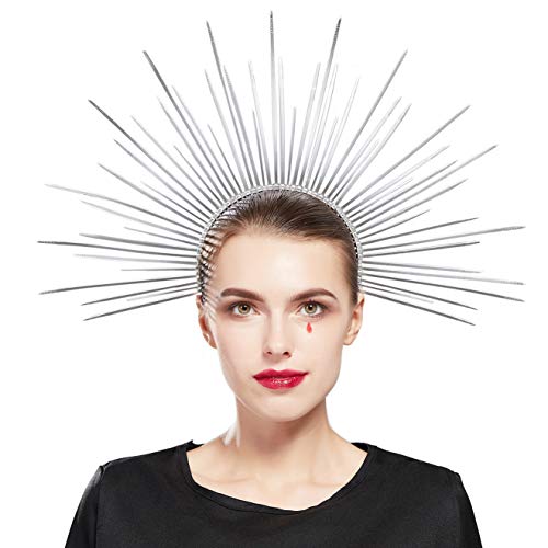 Fantherin Women’s Mary Halo Crown Headband Zip Tie Spiked Halo Crown Goddess Headpiece Headdress for Cosplay Halloween Costume Party (Silver)