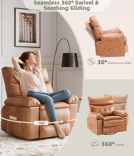 Image of GarveeHome Oversized Leather Recliner Chair - Heat and Massage, Swivel Rocker Manual Recliner for Adults, Lazy Rocking Chair with Comfort Arms and Back Single Sofa for Living Room