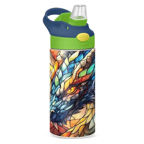 Mnsruu Botella de agua para niños con pajita, 350 ml, cristal multicolor arcoíris con cabeza de dragón, acero inoxidable, aislada, a prueba de fugas, para niños y adolescentes y bebidas frías y