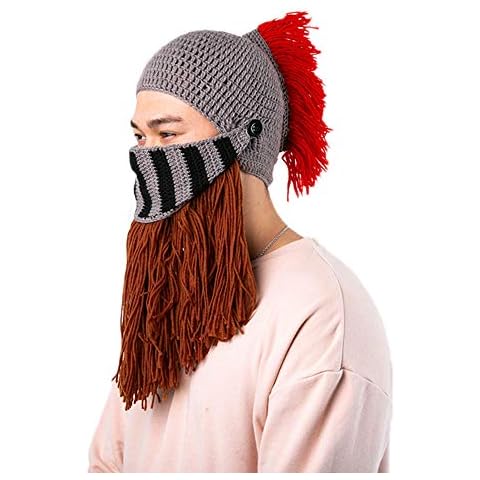 Maibar Men Hats Winter Funny Creative Roman Knight Hat Handmade Knitted Big Beard Wig Helmet Chunky Beanies Cos Play Party Decoration Face Mask (Brown) Cover