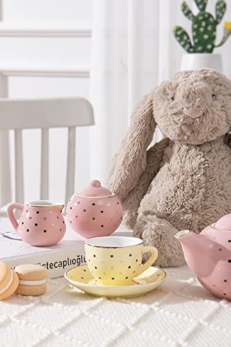Tea Set Girls Porcelain Tea Set For Little Girls Tea Set For Little Girls Polka Dot Design And Colorful Color With For Boy And Gril Birthday Party Or Gift Life #TOP4