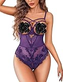 Avidlove Women's Sexy Lingerie One Piece Bodysuit Floral Lace Teddy Mini Babydoll Purple