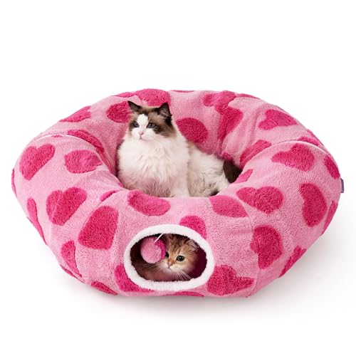 Image of Lesure Cat Tunnel Bed for Indoor Cats - Cute Cat Donut Tunnel Toys with Washable Circle Cushion, Valentine's Day Gifts for Cats, Round Pet Peekaboo Cave Toy for Kitten, Standard Lover Hearts