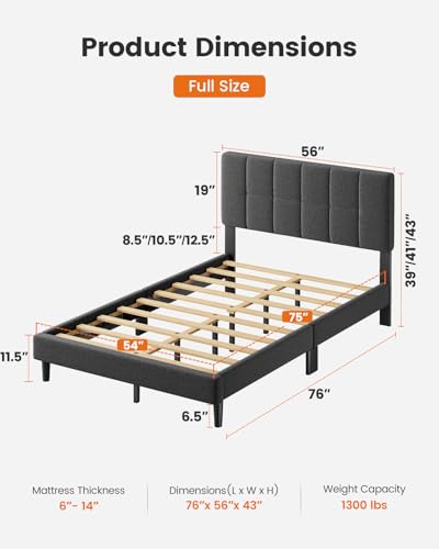 Pipishell Full Size Bed Frame with 12 Thickened Legs&Fabric Upholstered Headboard,1300 Lbs Weight Capacity, Adjustable Headboard, No Box Spring Needed, Easy Assembly, Underbed Storage(Solid Wooden)