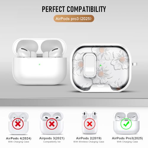 Image of Compatible Airpods Pro 3 Case (2025) with Phone Stand & Cleaner Kit,Cute Flower Print Soft Silicone Lock Clip Apple AirPods Pro 3rd Generation Case, Airpod Pro 3 Cover with Keychain for Women /Girls