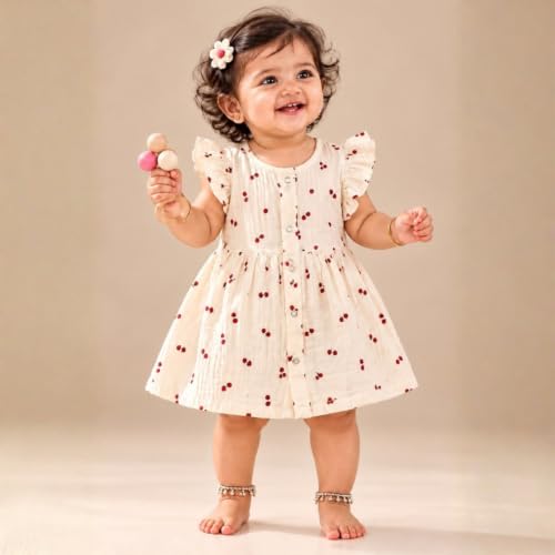 Image of Lilimi Toddler Baby Girl Cotton Muslin Dress, Breathable Flutter Sleeve Button-Front Cute Frocks