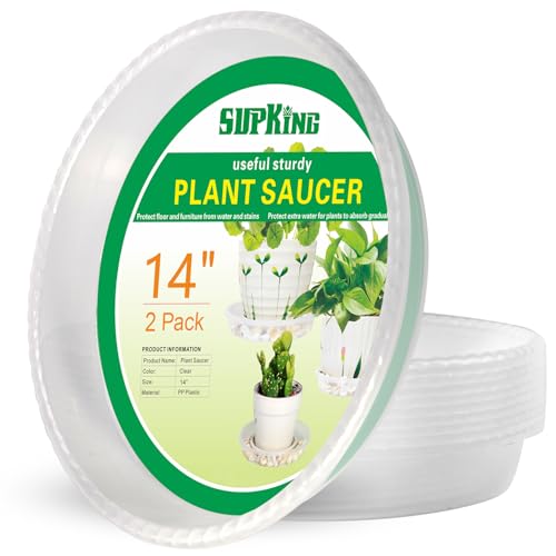 SupKing Large Plant Saucers Drip Tray 2 Pack 14 Inch Heavy Sturdy Plastic Flower Pot Saucers for Indoor Clear Plastic Planter Water Tray for Plant Pots Liners (14-Clear)