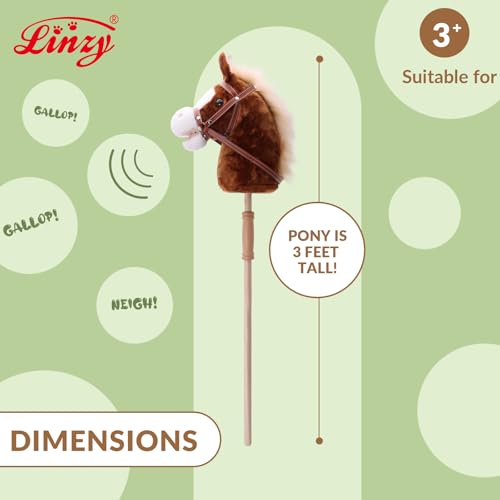 Linzy Toys 35.5\" Plush Stick Horse - Funny Hobby Horse with Pony Sound, Soft Realistic Mane & Durable Leather Reins, Pretend Play Riding Toy for Boys & Girls Ages 3+ (Brown)