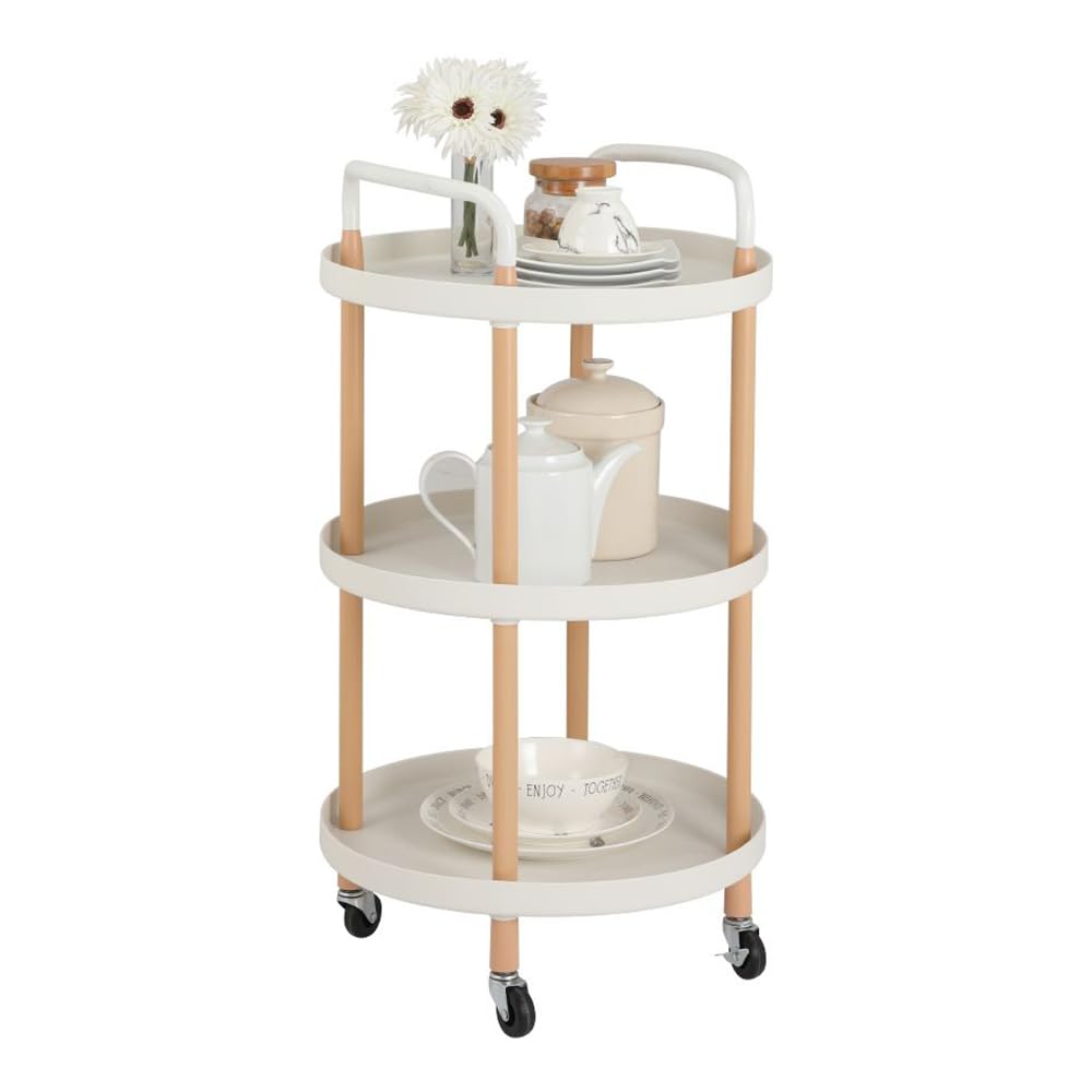 SKY-TOUCH 3 Tier Round Rolling Cart : End Table Storage Organizer Cart with Handle Serving cart with Wood Frame Side Table with Lockable Wheels for Home Office Living Room Kitchen (White)