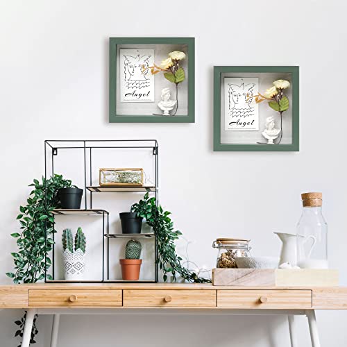 Image of Muzilife 8x8 Shadow Box Picture Frame with Linen Board - Deep Wood & Glass Display Rustic Case Ready to Hang Memorabilia, Pins, Awards, Medals, Wedding, Tickets, and Photos, Green