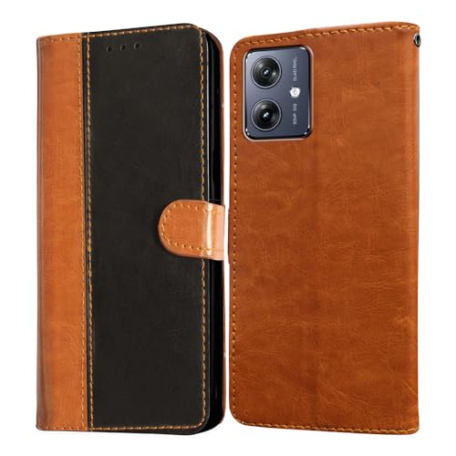 Image of Amazon Brand - Solimo Flip Leather Mobile Cover (Soft & Flexible Back case) for Motorola Moto G54 5G / G54 Power 5G / G64 5G (Camel and Black)