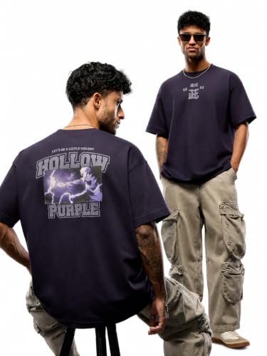 Image of The Souled Store Jujutsu Kaisen: Satoru Gojo Men and Boys Short Sleeves Round Neck Purple Graphic Printed Cotton Oversized Drop Shoulder Anime Streetwear Casual T-Shirts