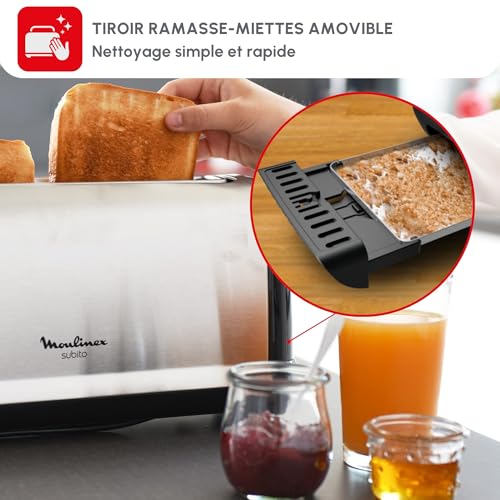 Moulinex Grille-pain 1 longue fente, 7 niveaux de dorage, Fente large, Bouton arrêt, Décongélation, Réchauffage, Tiroir ramasse-miettes, Subito, Inox LS260800
