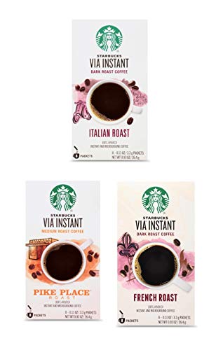 Starbucks Via Instant Coffee Variety Pack - Italian Roast, French Roast, and Pike Place - 24 Packets Total - 8 Packets Per Box - Bulk Starbucks Instant Coffee