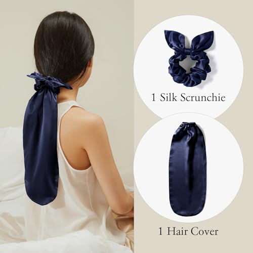 Image of LILYSILK 2-in-1 Silk Hair Ties with Silk Scrunchies for Long and Curly Hair, 100% Silk Bonnet for Sleeping & Daily Usage, Elastic Adjustable for Women Ladies and Girls Navy Blue