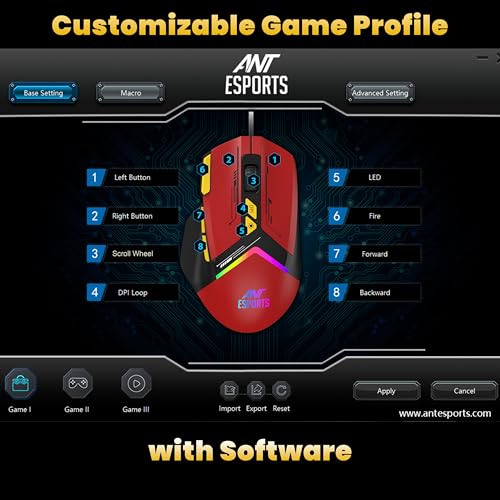 Image of Ant Esports GM333 RGB Wired High End Optical Ergonomic Gaming Mouse with 12800 DPI 1.5M Braided Cable Comes with Inbuilt Software Huano Switches with Rubber Coated Top Cover - Black /Red /Yellow