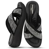 YOKI NOMI-05 Women’s Wedge Sandals with Rhinestone Straps – Bling Sandals, Sparkly Dressy Wedges, Fancy Platform Wedges - Black, Size 9