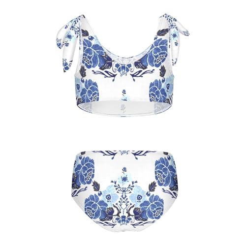 Girls Classic Chinoiserie Blue Floral Pattern Swimsuit Two Pieces Bikini Set Bathing Suits Swimwear Crop Top Swimsuit Set2