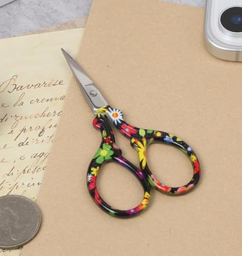 2Pcs Cross Stitch Scissors Kit, Needlepoint Scissors Small Embroidery Craft Scissor with Flower Pattern, 3.62Inch ideal for Needlework Yarn Crocheting Cross Stitch, Black & White