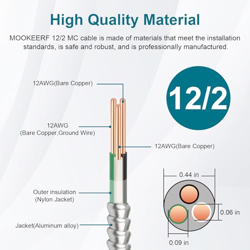 Image of MOOKEERF 12 /2 MC Cable with Ground - 200FT Pure Copper 12AWG /2 Metal Clad Wire with Aluminum Armor 12 Gauge 2 Conductor Type MC Alum Cable