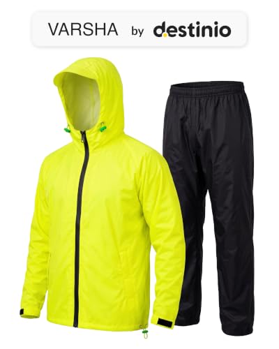 Image of Destinio Rain Coat for Men Waterproof with Hood, Thick Polyester, Leak Proof, Premium Zipper, Raincoat for Bike Riding, Double Layer Rain Suit for Riders, Rainwear Set