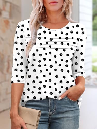 KISSMODA Women's Casual 3/4 Sleeve T-Shirts Round Neck Cute Tunic Tops Basic/Pleated Summer Tops Trendy Spring Blouses