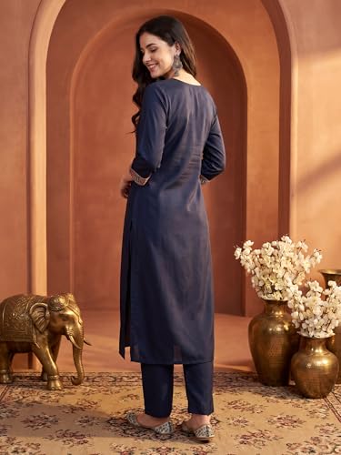 Image of INDO ERA Women's Straight Pure Cotton Floral Self Design Kurta & Pant With Dupatta Set | Kurta Sets For Woman