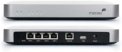 ด้านหน้าและด้านหลัง view of the Cisco Meraki MX60 Security Appliance, highlighting ports and indicators