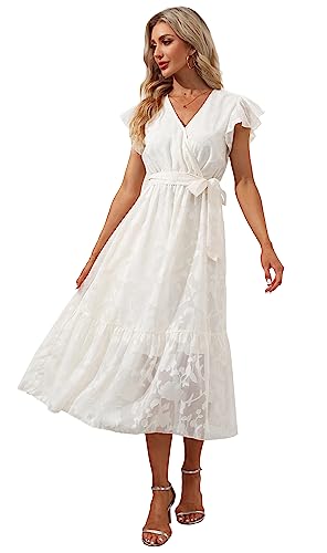 Image of VintageClothing Womens Sundress Casual Floral Summer Boho Dress | Flowy Wrap V Neck Ruffle A-Line Pleated Hem Midi Dresses