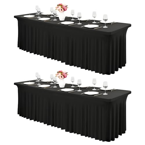 Confezione da 2 gonne da tavolo in spandex nero, 2,4 m, elasticizzate, facili da installare, resistenti alle pieghe, per matrimoni, feste, banchetti, fiere