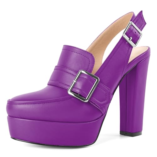Image of Women's High Heel Loafers Platform Pumps Round Toe Heels Chunky Heel Pumps Stylish Comfortable 4.8 Inch Slingback Heels