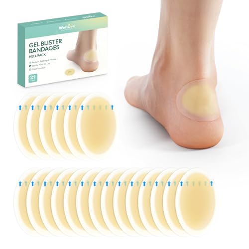 21 Pieces Blister Plasters for Feet - Welnove Invisible Hydrocolloid Gel Blister Bandages - Blister Cushions for Heel, Toe & Foot, Water Resistant Bandages(Heel Pack)