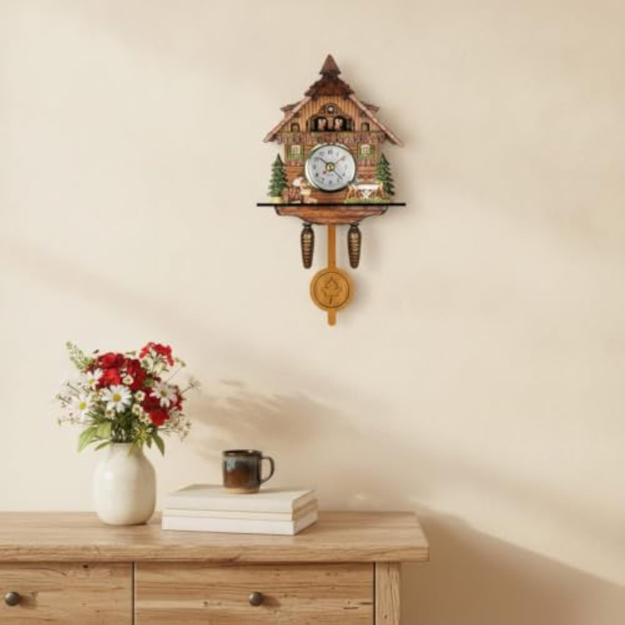 Wooden Cuckoo Clock with Pendulum, Rustic Vintage Design