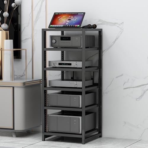 Adjustable 6-Tier Wooden o Rack for Ste Equint, HiFi Conent Cabinet, Disc Player Stand, Black, 3-6 Level Height, & Sto Solut