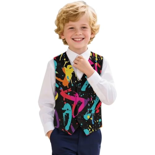 Yreiwoby Boys Black Suit Vest 5-6 Kids Fashion Ink Splashes Waistcoat Blazer Boys 3 Button Formal Suit Tuxedo with Pockets Kids Sleeveless Jacket