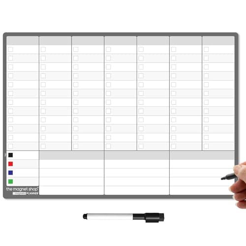 TMS Magnetisk veckoplanerare | Tillverkad i Storbritannien | Kylskåps whiteboard, anteckningstavla, att göra-lista, kalender eller organiserare för arbete, kontor eller familjeplanering + penna med